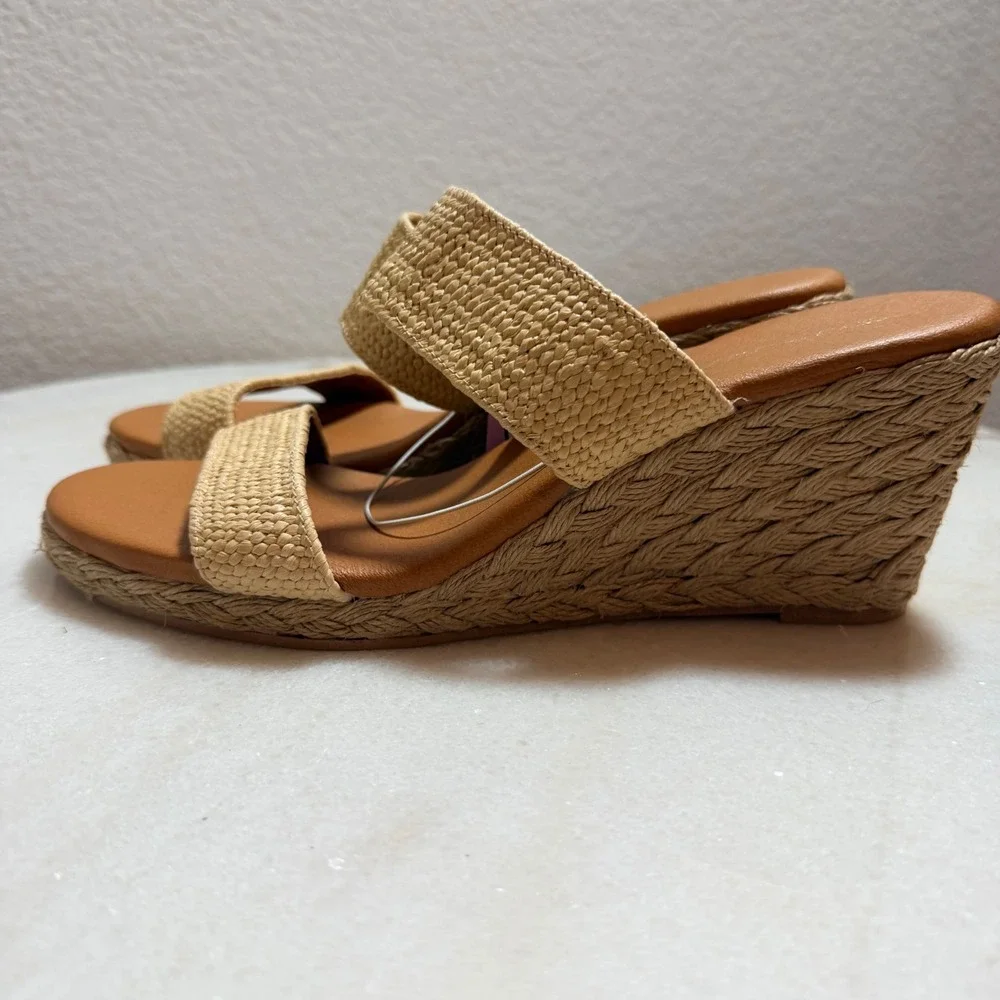 Andre Assous Nitra Raffia Tan Woven Espadrille Wedge Sandals Womens 9M